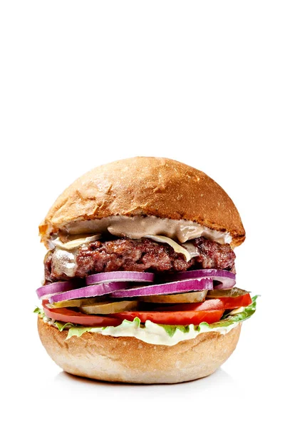 Amerykańskie Hamburgery Chleba Czarny Czerwony Pasztecikiem Ser Sałata Pomidor Sous — Zdjęcie stockowe