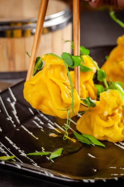 Pan-Asya Mutfağı kavramı. Wontons sarı hamur, kıyılmış et. Japon köfte kıyma ile. Siyah bir plaka üzerinde restoranda yemekler sunan. Arka plan görüntü kopyalama alanı