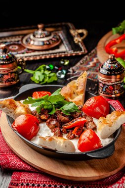 Geleneksel Türk, Arap mutfağı. Ali Nazik Kebap. Patlıcan, yoğurt ve sarımsak ile doğranmış kuzu eti. Osmanlı yemekleri. Restoranda yemek servisi. kopyalama alanı
