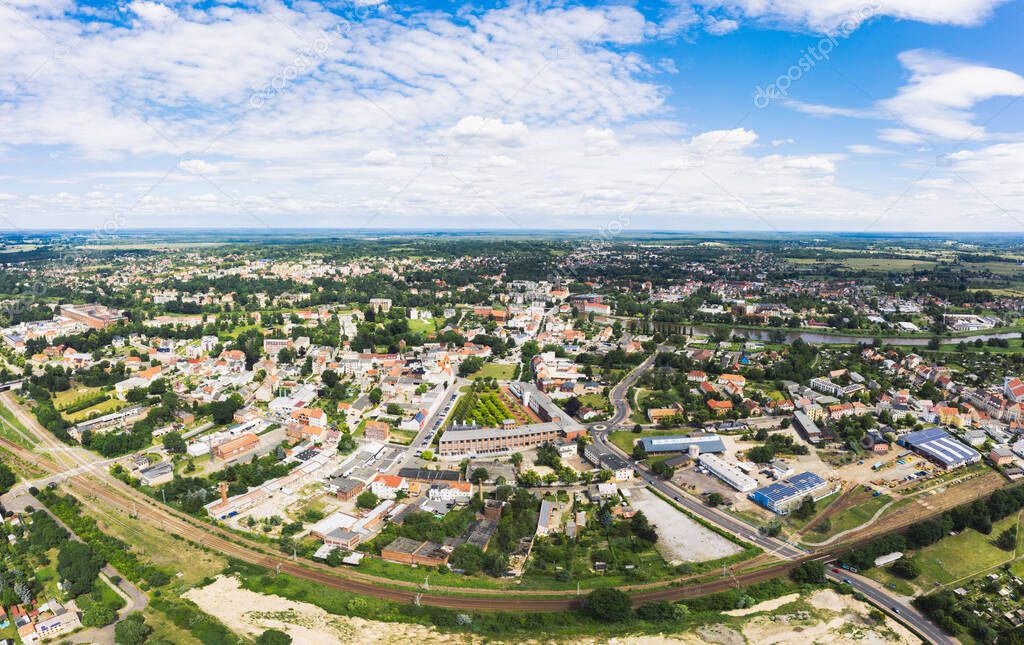 aerial cityscape photo of German Polish town Guben or Gubin