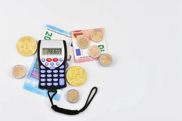 Calculator Euro Notes Coins Virtual Money — Stock Photo, Image