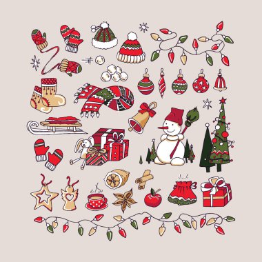 Noel ve Yeni Yıl element koleksiyonu. Kardan adam, köknar ağacı, hediyeler, çan, dekorasyon, ışıklar, baharat, çay fincanı, kar topları, kızak, keçeli çizmeler, eşarp, eldiven, vektör çizimi, izole edilmiş.