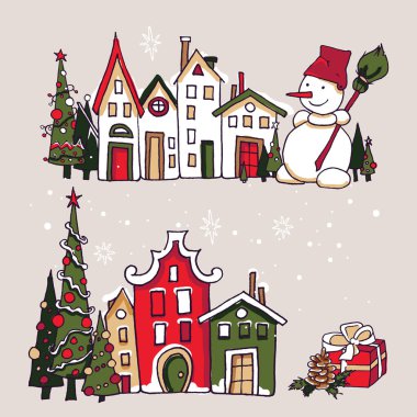 Noel ve Yeni Yıl öğeleri koleksiyonu. Kış dekorasyonu seti. Firavun ağacı, kardan adam, hediye, çam kozalağı,