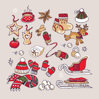 Noel ve Yeni Yıl öğeleri koleksiyonu. Aksesuarlar hazır. Eldivenler, başlık, atkı, botlar, geyik, kulaklık, kar topu, limon, baharat, elma, çay fincanı, kurabiyeler, el çizimi, vektör çizimi, izole edilmiş.