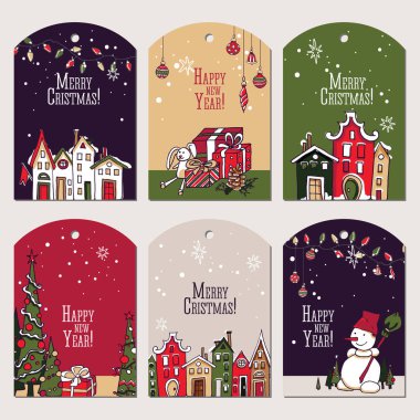 Noel ve Yeni Yıl öğeleri koleksiyonu. Kartpostallar, etiketler, ev, köknar ağacı, hediye, koni, oyuncak, kardan adam,