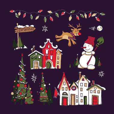 Noel ve Yeni Yıl öğeleri koleksiyonu. Kış dekorasyonu seti. Çelenk, ışıklar, kartopu, kardan adam, köknar ağacı, geyik, tabela, ev, karanlık arka plan, el çizimi, vektör çizimi, izole edilmiş.
