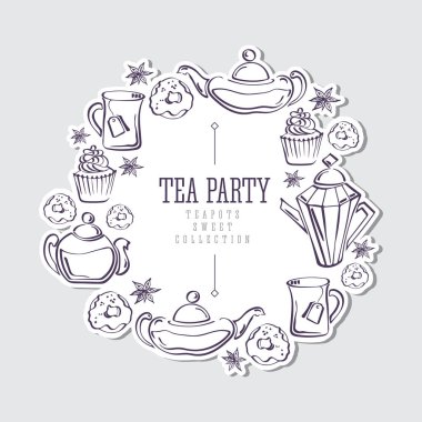 Çöreklerden, kötü yanlardan, çöreklerden, çöreklerden, çaydanlıklardan yapılmış çelenklerle izole edilmiş bir taslak.