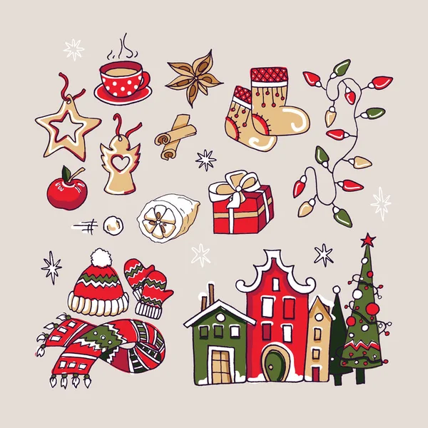Coleção Elementos Natal Ano Novo Inverno Conjunto Acessórios Interiores Exteriores — Vetor de Stock