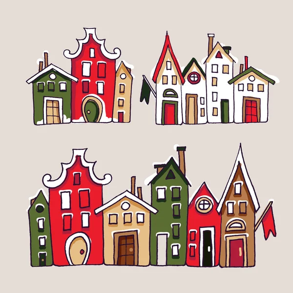 Рождественская Новогодняя Коллекция Элементов Зимние Здания Установлены Цветной Фасад Дома — стоковый вектор