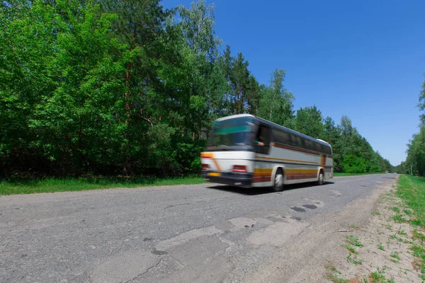 shuttle bus rides a bad country road to the edge of a coniferous forest A bright summer sunny day