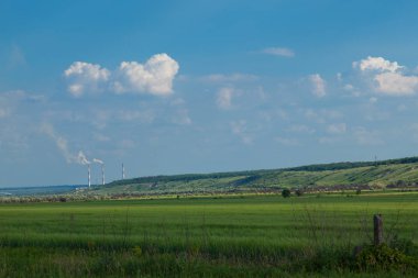 bir arka plan beyaz bulutlar çok ufukta ravines ile ve önünde bir tepe ile mavi gökyüzü, yeşil buğday alan yaz güneşli gün