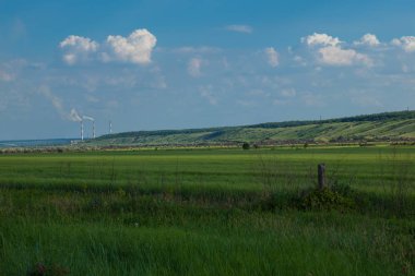 bir arka plan beyaz bulutlar çok ufukta ravines ile ve önünde bir tepe ile mavi gökyüzü, yeşil buğday alan yaz güneşli gün
