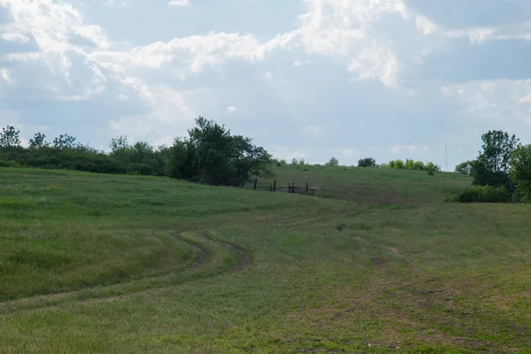 toprak yol yükselir çimlerin arasında bir tepe üzerinde gider ufuk ve beyaz bulut mavi sette