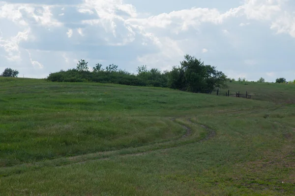 toprak yol yükselir çimlerin arasında bir tepe üzerinde gider ufuk ve beyaz bulut mavi sette