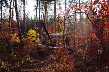 gerçek muharebe tankları Ukrayna asfaltsız orman yolu boyunca hareket