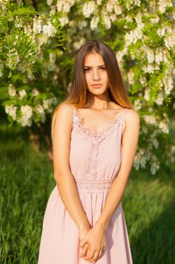 cinsel kız uzun saç güneşli öğleden sonra çiçek açması beyaz akasya karşısında çözünmüş