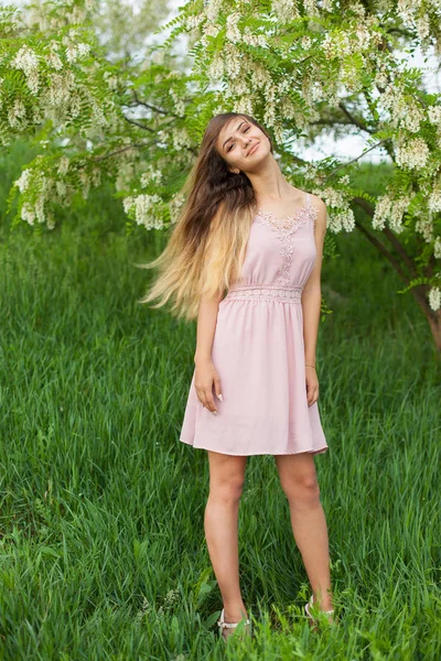 Sexmädchen Hat Lange Haare Aufgelöst Sonnig Nachmittag Gegenüber Blühender Weißer — Stockfoto