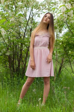 cinsel kız uzun saç güneşli öğleden sonra çiçek açması beyaz akasya karşısında çözünmüş