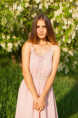 cinsel kız uzun saç güneşli öğleden sonra çiçek açması beyaz akasya karşısında çözünmüş