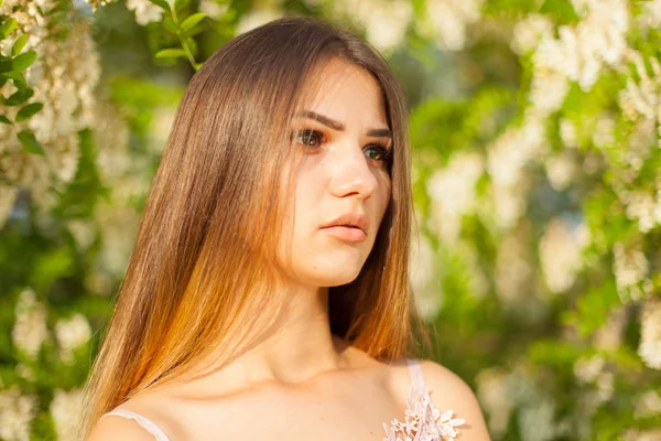 Close Retrato Uma Bela Jovem Torno Acácia Branca Primavera — Fotografia de Stock