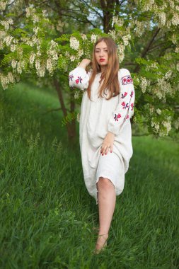 Bir nakış seductively beyaz akasya çiçekleri karşı poz ile keten uzun gömlekli Ukraynalı kız