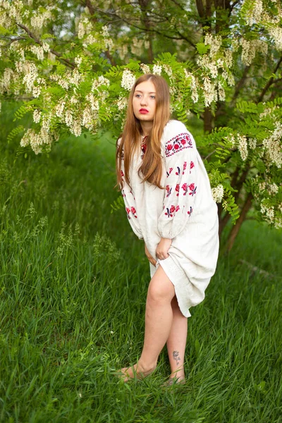Ukrainka Len Długa Koszula Haftem Uwodzicielsko Pozowanie Przed Kwiaty Biała — Zdjęcie stockowe