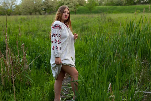 Ukrainisches Mädchen Leinenlangen Hemd Mit Stickerei Posiert Verführerisch Auf Einer — Stockfoto