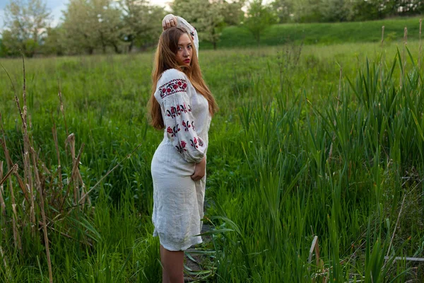 Ukrainisches Mädchen Leinenlangen Hemd Mit Stickerei Posiert Verführerisch Auf Einer — Stockfoto