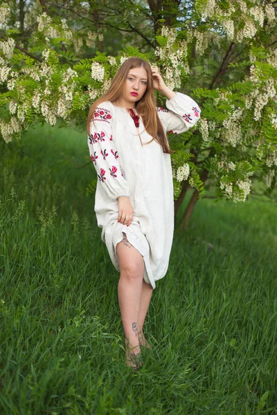 Ukrainisches Mädchen Einem Leinenlangen Hemd Mit Stickerei Posiert Verführerisch Vor — Stockfoto