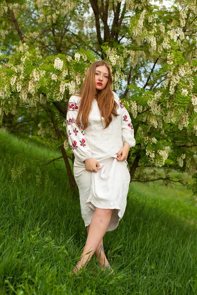 Ukrainisches Mädchen Einem Leinenlangen Hemd Mit Stickerei Posiert Verführerisch Vor — Stockfoto