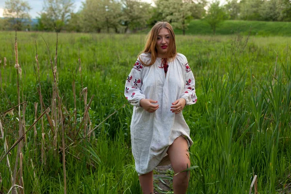 Ukrainian Girl Linen Long Shirt Embroidery Seductively Posing Green Spring — Stock Photo, Image