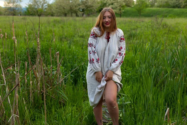 Ukrainisches Mädchen Leinenlangen Hemd Mit Stickerei Posiert Verführerisch Auf Einer — Stockfoto