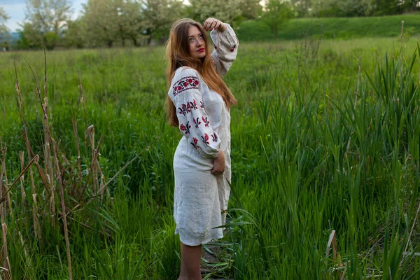 Ukrainian Girl Linen Long Shirt Embroidery Seductively Posing Green Spring — Stock Photo, Image