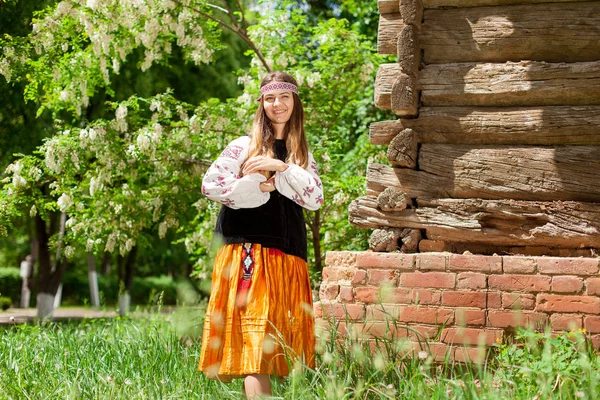 Chica Ucraniana Posando Estilo Rústico Vestido Nacional Naturaleza Día Verano —  Fotos de Stock