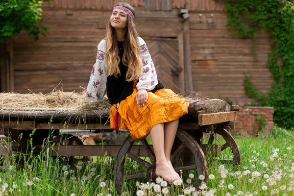 Beautiful Ukrainian Woman Dressed Embroidery Sitting Wooden Cart — Stock Photo, Image