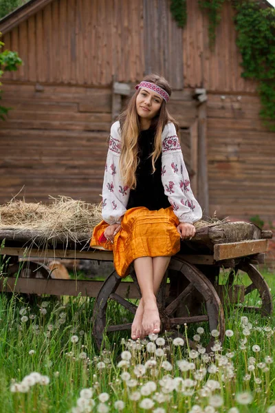 Schöne Schlanke Ukrainische Frau Stickerei Auf Dem Hintergrund Eines Holzrahmens — Stockfoto