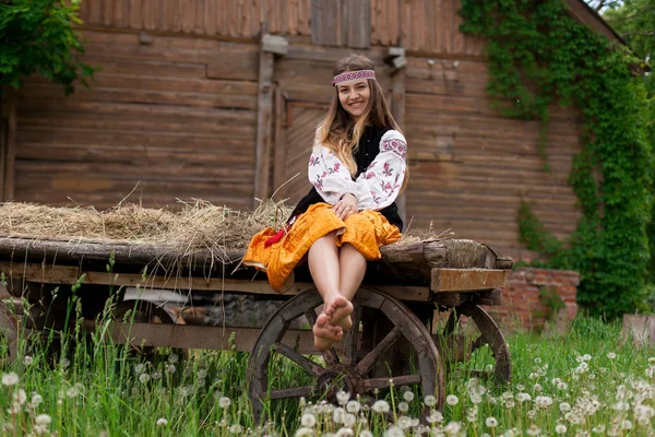 木製カートに座っている細長いウクライナ美女村で納屋の木製フレームの背景に刺繍で — ストック写真