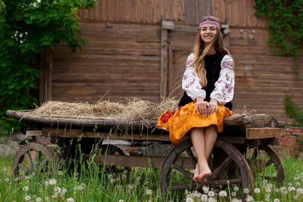 Beautiful slender Ukrainian woman in embroidery on the background of a wooden frame of a barn in the village sits on a wooden cart