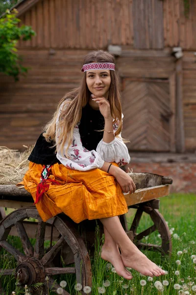 Mulher Ucraniana Bonita Vestida Bordado Sentado Carrinho Madeira — Fotografia de Stock