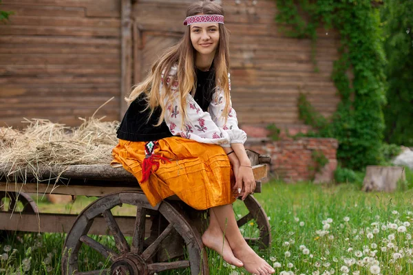 Beautiful Slender Ukrainian Woman Embroidery Background Wooden Frame Barn Village — Stock Photo, Image