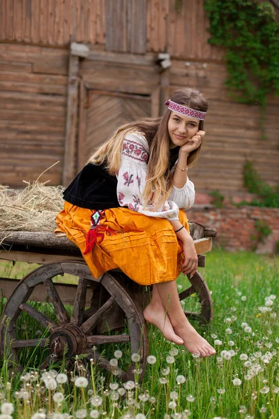 Beautiful slender Ukrainian woman in embroidery on the background of a wooden frame of a barn in the village sits on a wooden cart