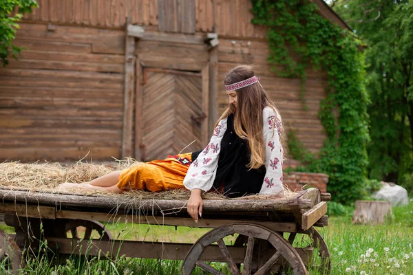Nakış köyün ahırda bir ahşap çerçeve arka plan üzerinde güzel ince Ukraynalı kadın ahşap sepeti üzerinde oturur