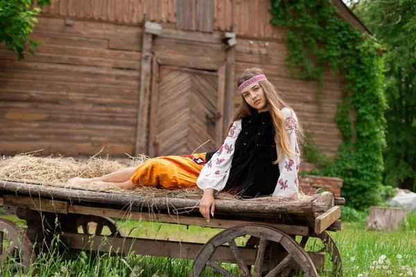 Mulher Ucraniana Esbelta Bonita Bordado Fundo Uma Armação Madeira Celeiro — Fotografia de Stock