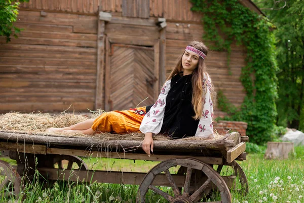 Piękny Smukły Ukraiński Kobieta Haft Tło Ramki Drewniane Stodoły Miejscowości — Zdjęcie stockowe