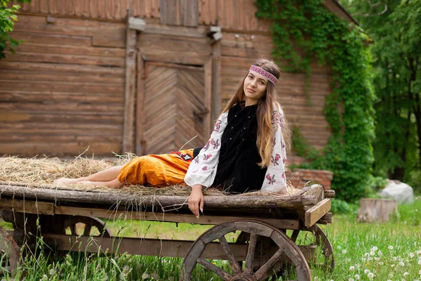 Szép Ukrán Öltözve Hímzés Fából Készült Szekér — Stock Fotó