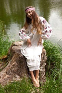 Güzel ince Ukrayna dili nakış gölün kıyısında güneşli bir yaz doğası sahiptir