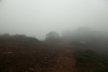 Sisli bir yaz sabahında dağlarda eko-çiftlik