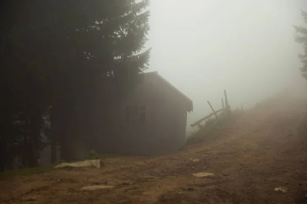 Eco Fazenda Nas Montanhas Uma Manhã Nebulosa Verão — Fotografia de Stock