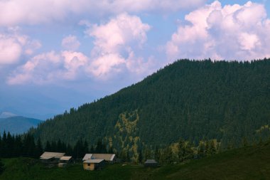 Bulutlu bir sk altında gorge üzerinde Karpatlar içinde ahşap kulübe