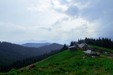 Bulutlu bir sk altında gorge üzerinde Karpatlar içinde ahşap kulübe